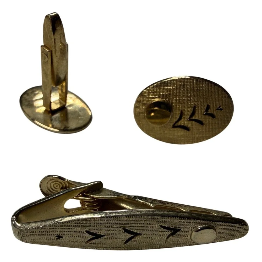 Vintage Gold Tone Cufflink and Tie Clip Set Textured Chevron Arrow Mid Century